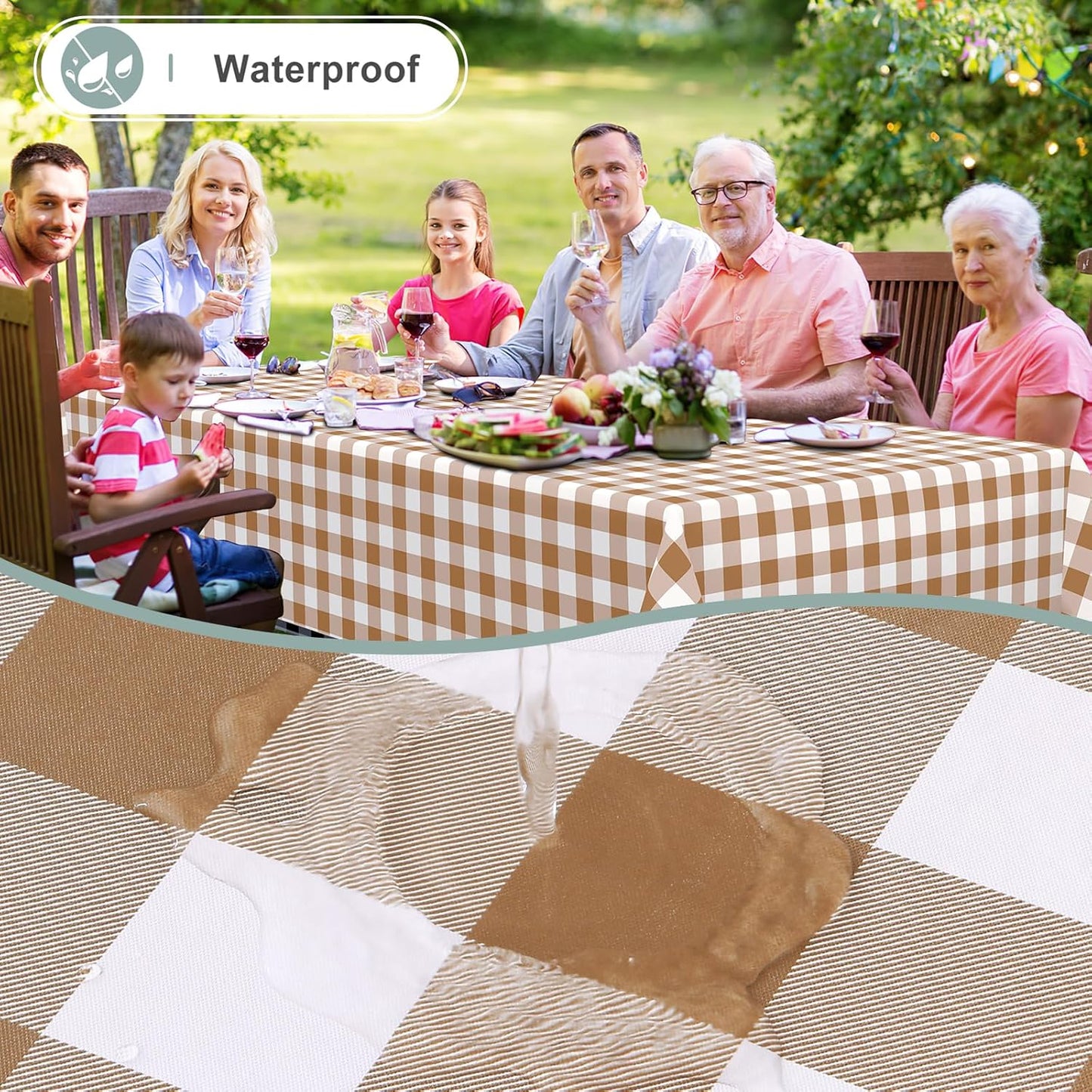 Rectangle Waterproof Vinyl Table Cloth, Buffalo Flannel Backed Tablecloth, Wipeable Plastic Table Cover for Fall, Thanksgiving (60" X 84", Brown and White)