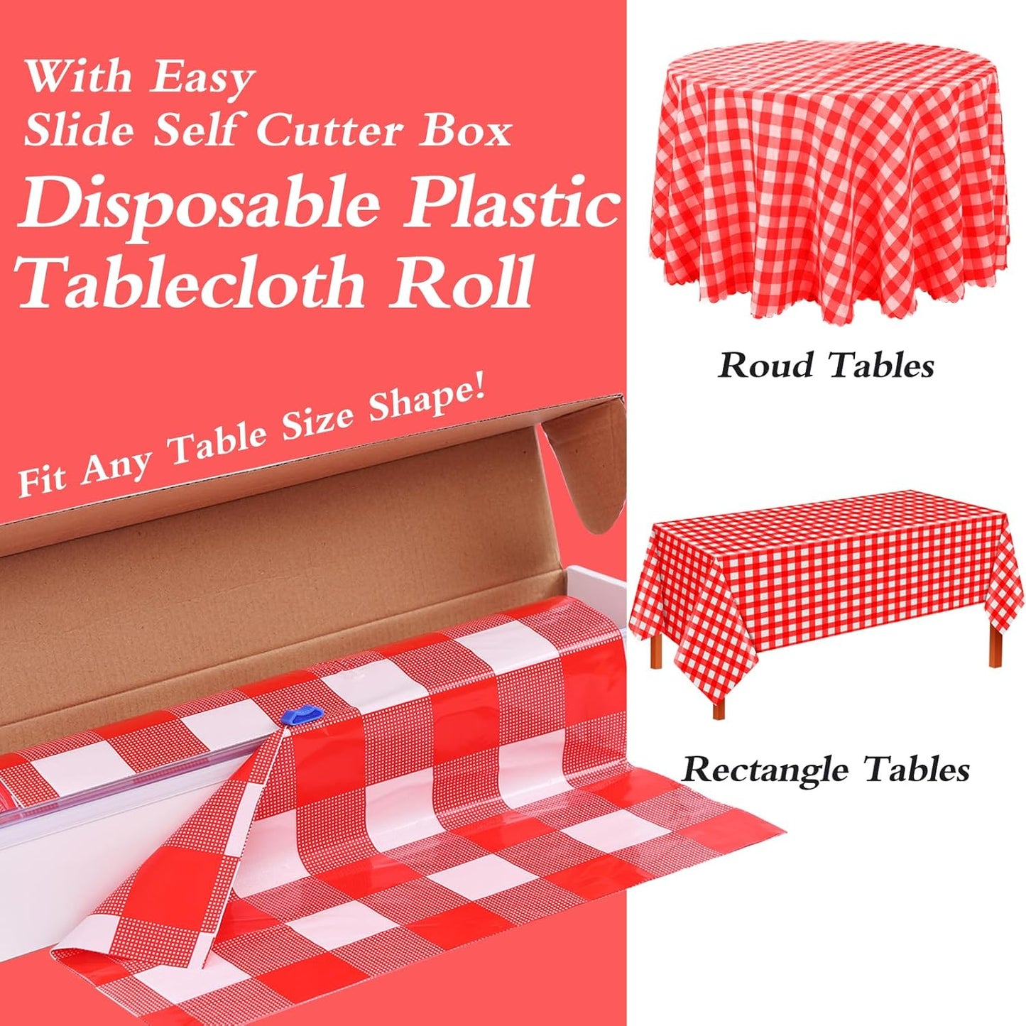 Red Gingham Plastic Tablecloth Roll 54 Inch X 120Ft Red Checkered Disposable Plastic Table Cover Rolls with Easy Slide Self Cutter Box- Cut to Any Size Disposable Tablecloth for Picnic Party