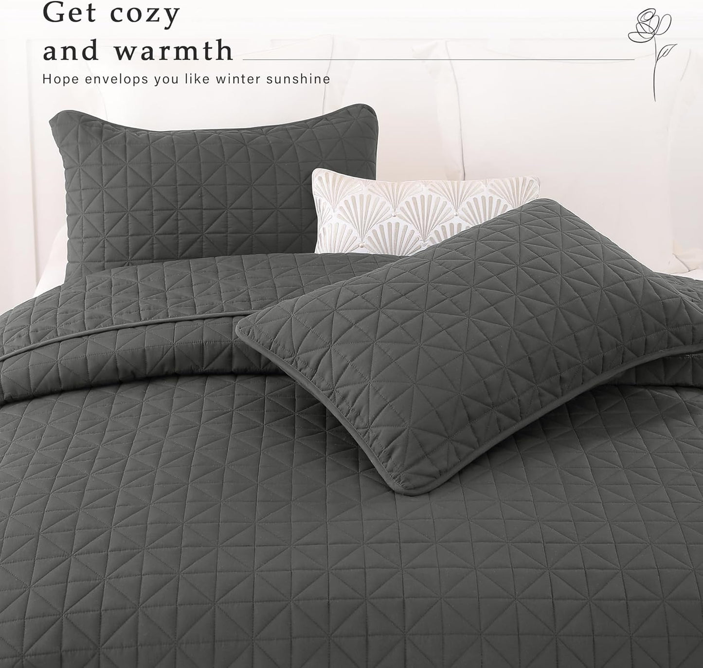 Queen Size Quilted Bedding Set with Stitched Grid Design, Lightweight Grey Bedspread and Pillow Shams for Year-Round Comfort (Includes 1 Quilt and 2 Pillow Shams)