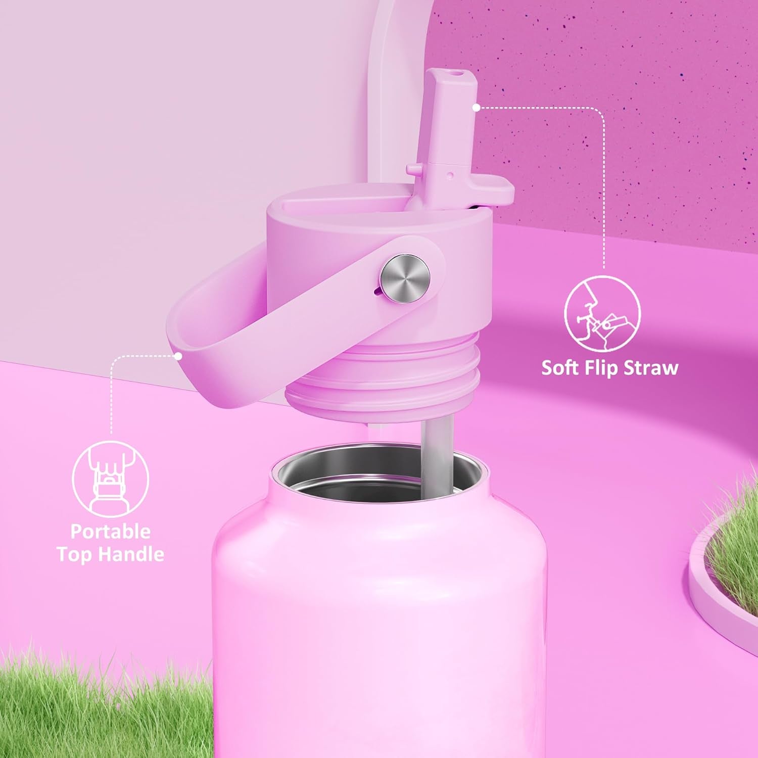 24 Oz Double Walled Water Bottle for Women: Leakproof, Cup Holder Friendly, Standard Mouth, Top Handle, Insulated Stainless Steel Flask for Student, Teacher, Nurse, Commuter, Bag, Home (Cloudy Rose)