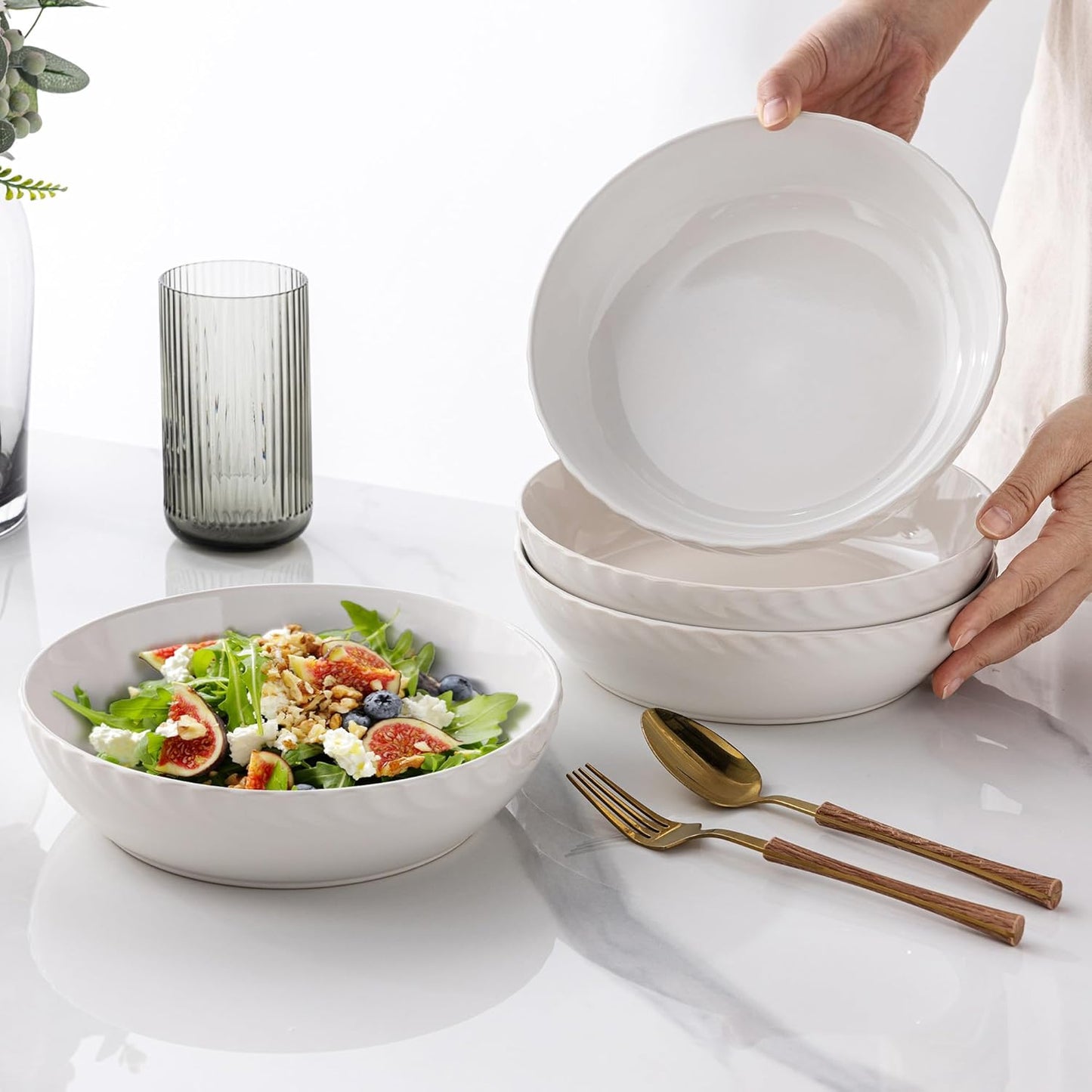 Set of 4 Large 8.5'' Stoneware Pasta and Salad Bowls, 38 Ounce Capacity with Textured Design, Ideal for Serving Pasta, Fruit, Stews, and Noodles, Perfect Housewarming Gift