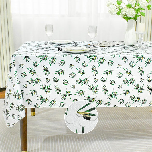 Rectangle Green Olive Table Cloth, Waterproof Vinyl Summer Tablecloth Flannel Backed, Wipeable Plastic Table Covers for Dinner, Kitchen and Outdoor 60" X 84"