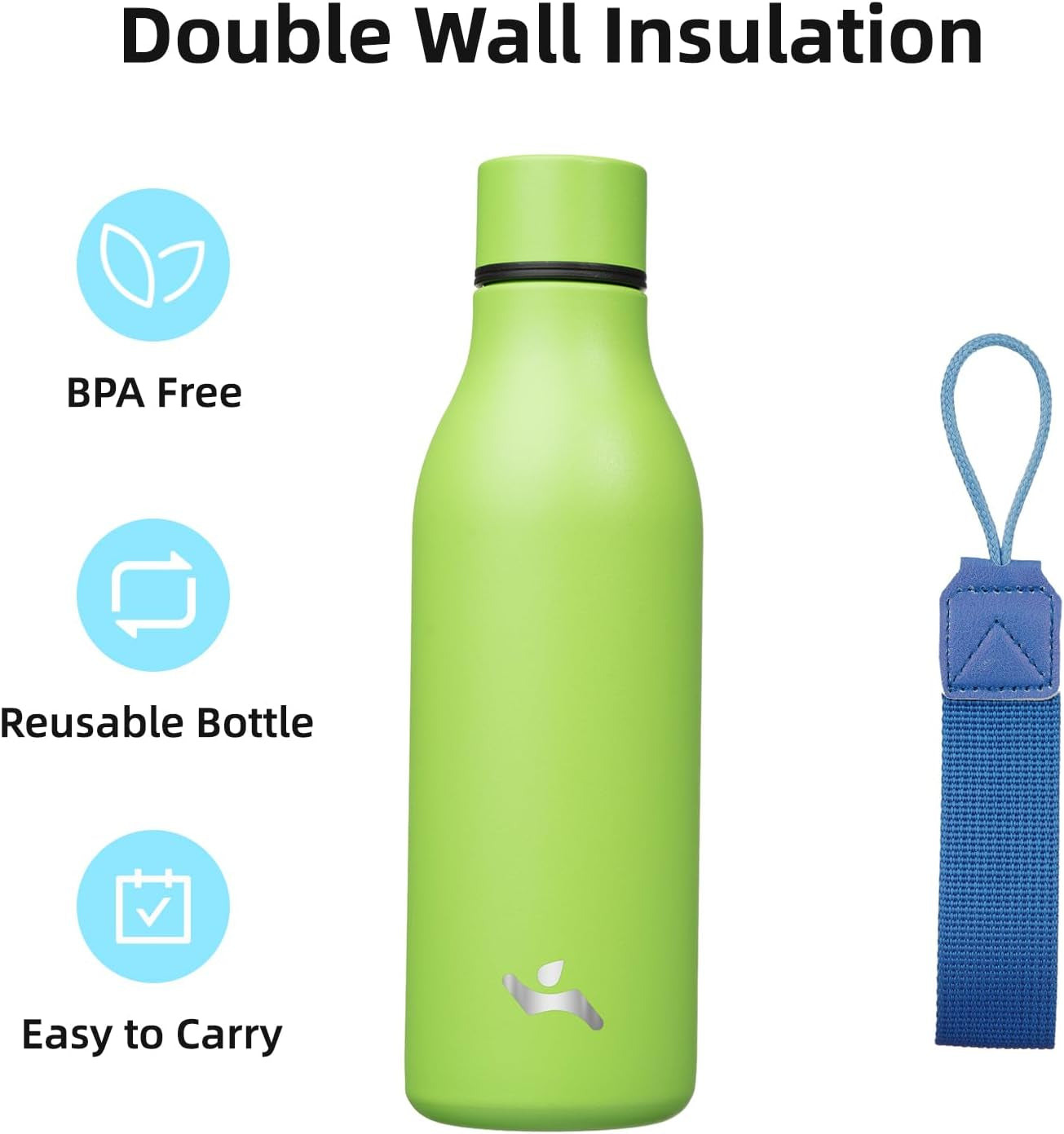 Insulated Water Bottle with Strap,18 Oz Double Wall Stainless Steel Vacuum Bottles Metal Water Flask,Green