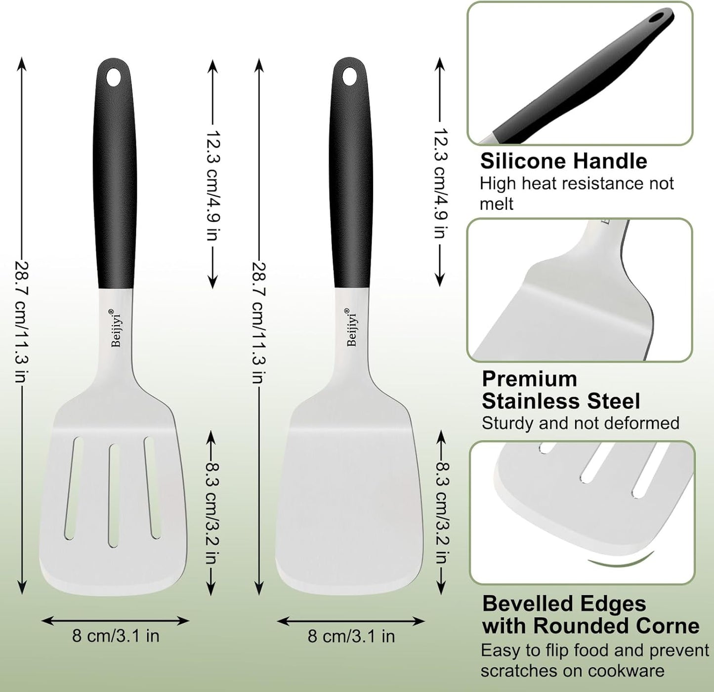 Stainless Steel Spatula Set, 2 Pcs Small Metal Spatula for Cast Iron Skillet, Solid and Slotted Turner Spatulas for Kitchen Use with Silicone Handle, Cooking Utensils for Eggs, Burger, Steak