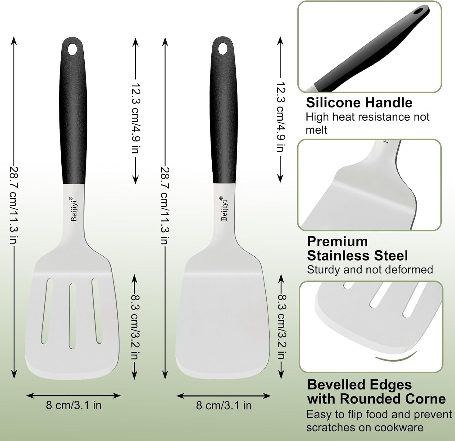 Stainless Steel Spatula Set, 2 Pcs Small Metal Spatula for Cast Iron Skillet, Solid and Slotted Turner Spatulas for Kitchen Use with Silicone Handle, Cooking Utensils for Eggs, Burger, Steak