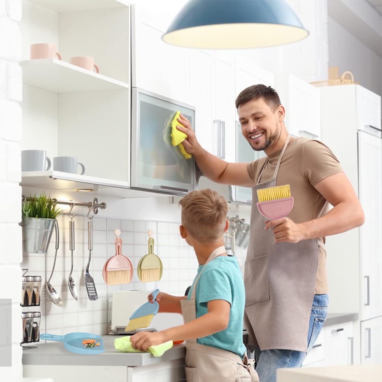 3PCS Mini Broom and Dustpan Set for Home, Car, Kitchen, Table, Kids - Durable Plastic Bristles, Handheld, Hangable, 3 Colors