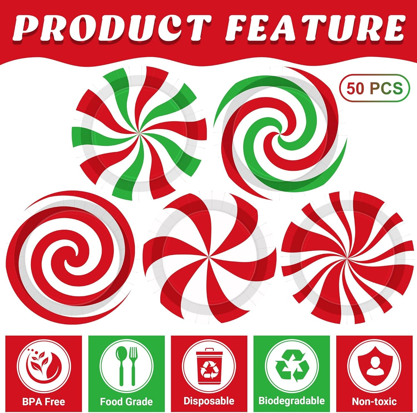 50 PCS Christmas Paper Plates, 9" Christmas Plates Disposable Party Set, 6 Designs Red White Green Candy Design Xmas Dinnerware, Xmas Tableware for Winter Ugly Sweater Party