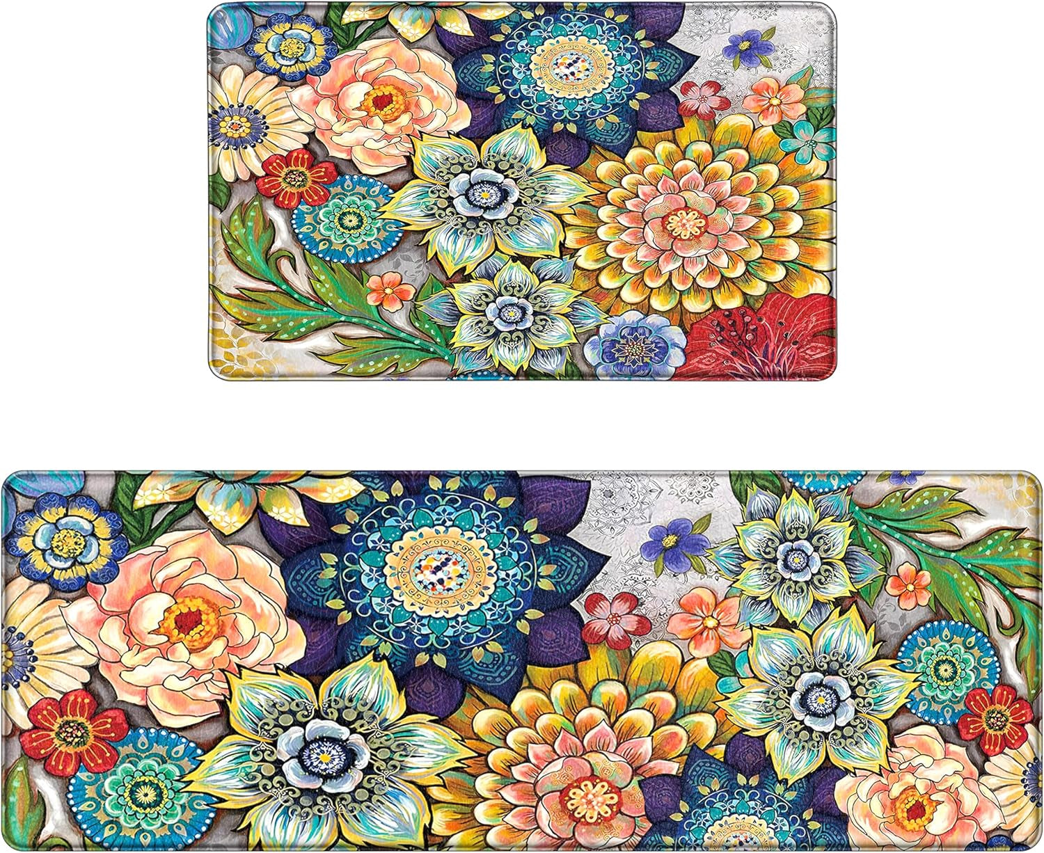 Boho Floral Kitchen Rugs Mats for Floor 2 Piece Memory Foam Padded Kitchen Mats anti Fatigue Non Slip Cushioned Comfort Standing Mat, 17.3X28+17.3X47 Inch