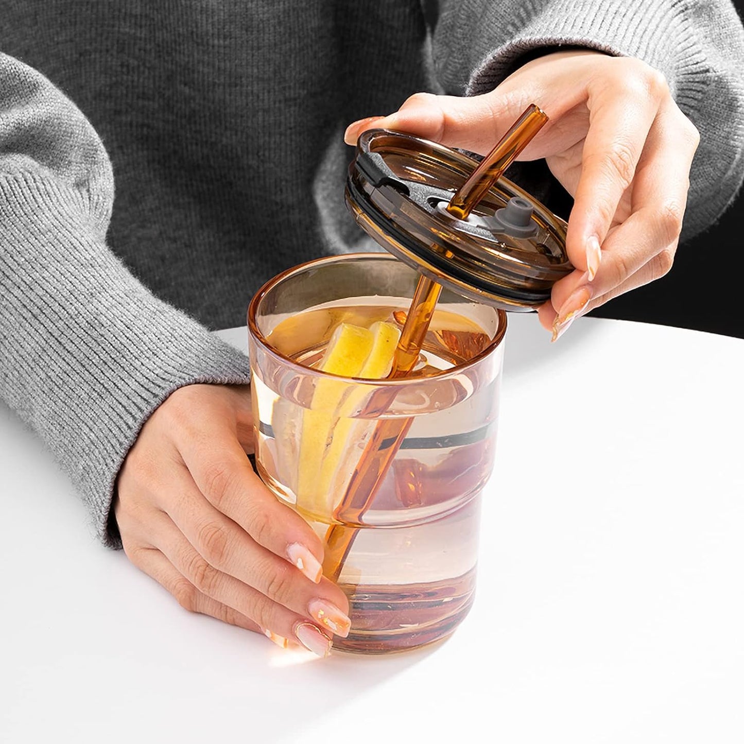 13 Oz Tumbler Water Glass, Water Bottle with Straw and Dustproof Lid, Coffee Ice Cup Double Wall Insulated Glass Cup (Amber-2Pack)