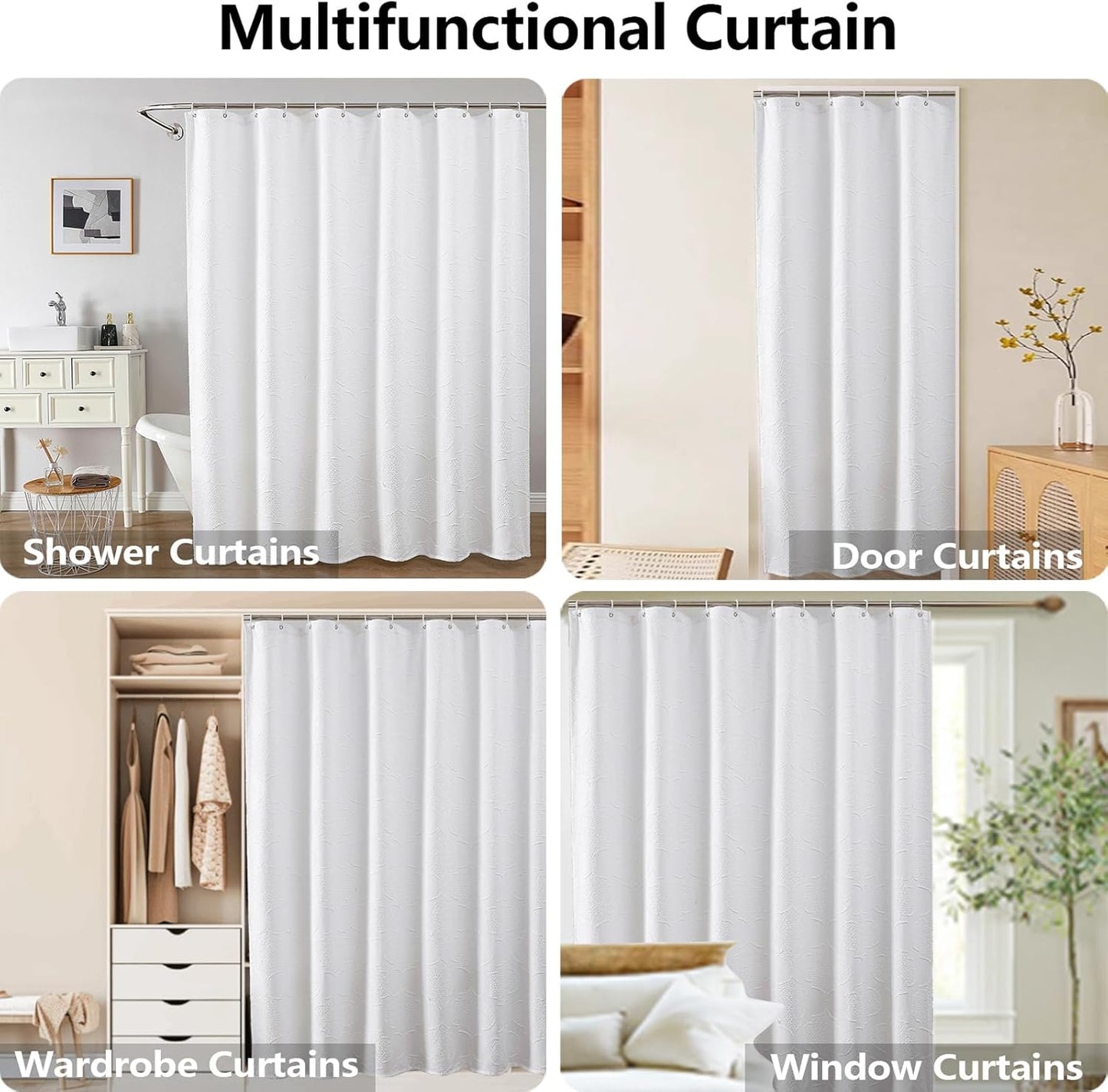 White Shower Curtain Set for Bathroom, 36" Stall Small Boho Design with 12 Hooks, Soft Lightweight Jacquard Fabric, Machine Washable, 36 W X 72 L