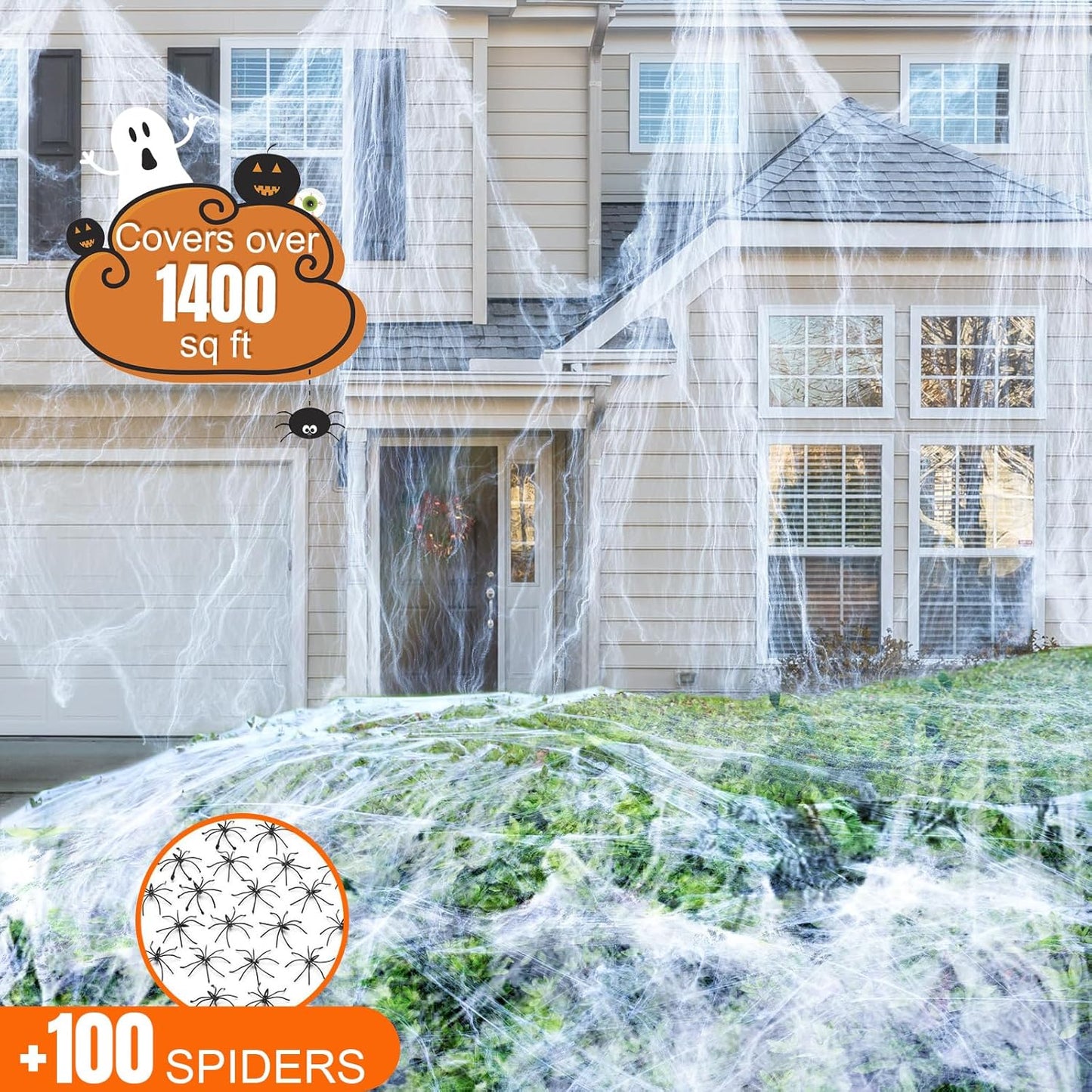 1400 Sqft Halloween Spider Web Decoration with 100 Extra Fake Spiders, Super Stretchy Cobwebs for Halloween Decoration Outdoor and Indoor