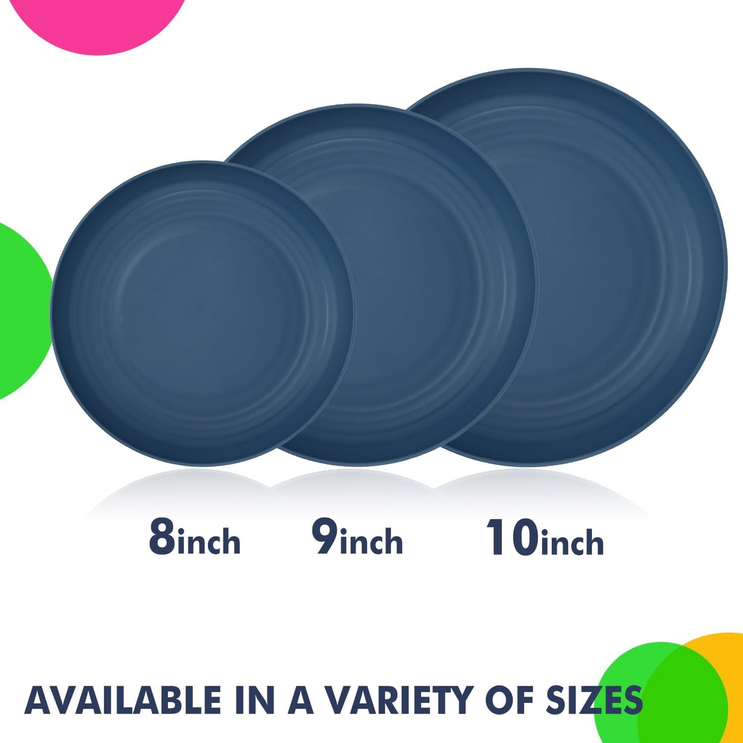 Set of 8 Deep Wheat Straw Dinner Plates - Unbreakable, Microwave and Dishwasher Safe, 9 Inch, Available in 4 Classic Bright Colors