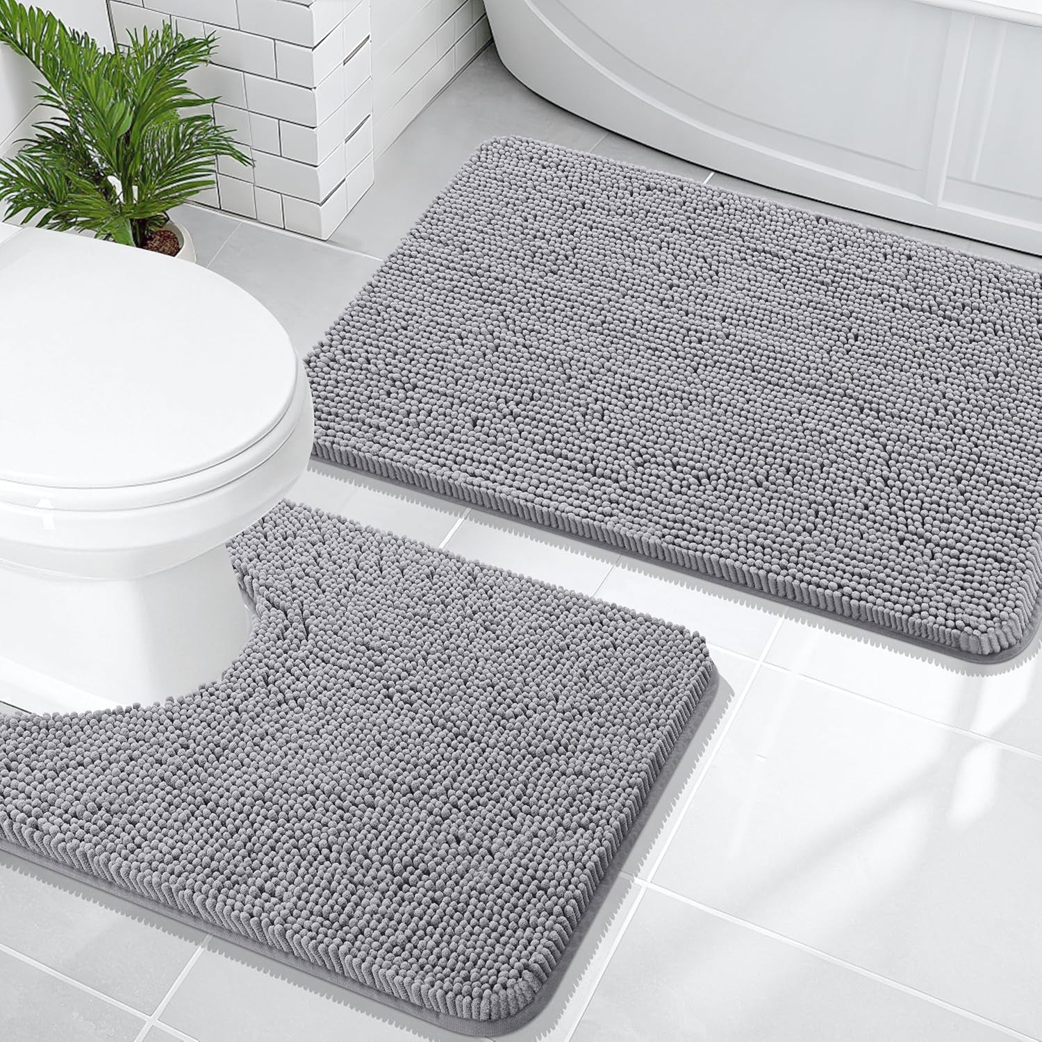 Bathroom Rugs Sets 2 Piece, Soft Absorbent Chenille Bath Mats and U-Shaped Contour Toilet Mat Area Rug Set, Machine Washable Bath Carpet, Home Decor Accessories(30"X20"+24"X20", Grey)