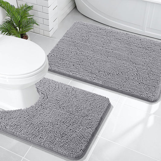 Bathroom Rugs Sets 2 Piece, Soft Absorbent Chenille Bath Mats and U-Shaped Contour Toilet Mat Area Rug Set, Machine Washable Bath Carpet, Home Decor Accessories(30"X20"+24"X20", Grey)