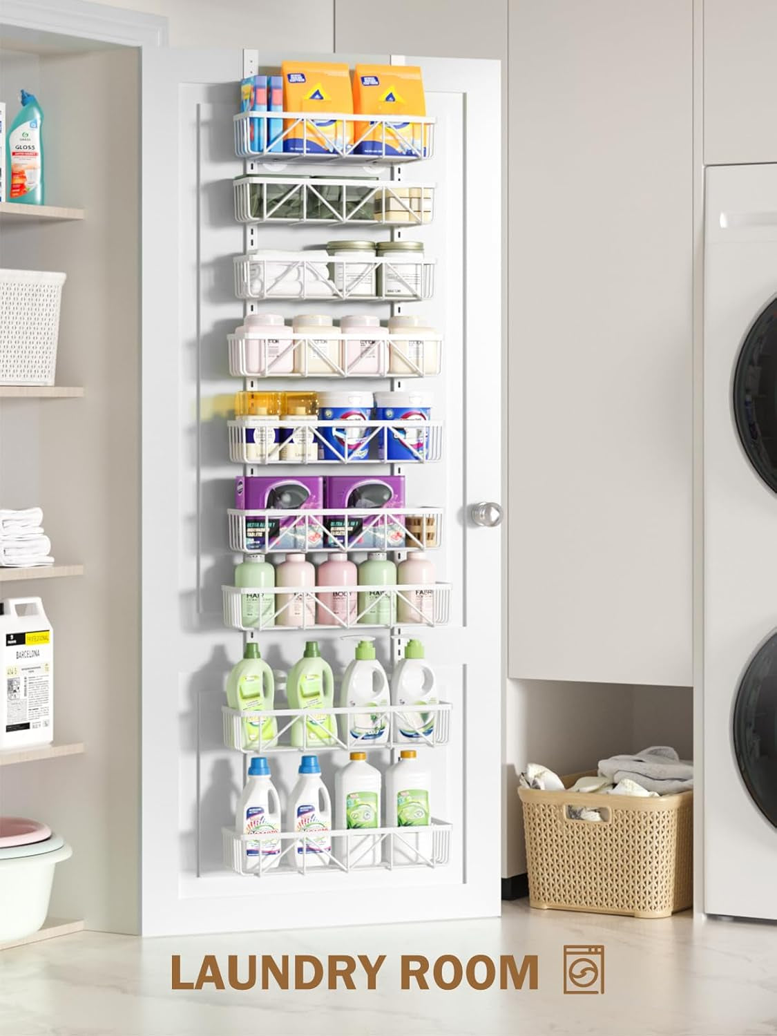 Adjustable over the Door Pantry Organizer, 9-Tier Metal Pantry Organization and Storage for Kitchen, Hanging Spice Rack Seasoning Shelves, Cabinet Door Organizer for Easy Install, 16" White