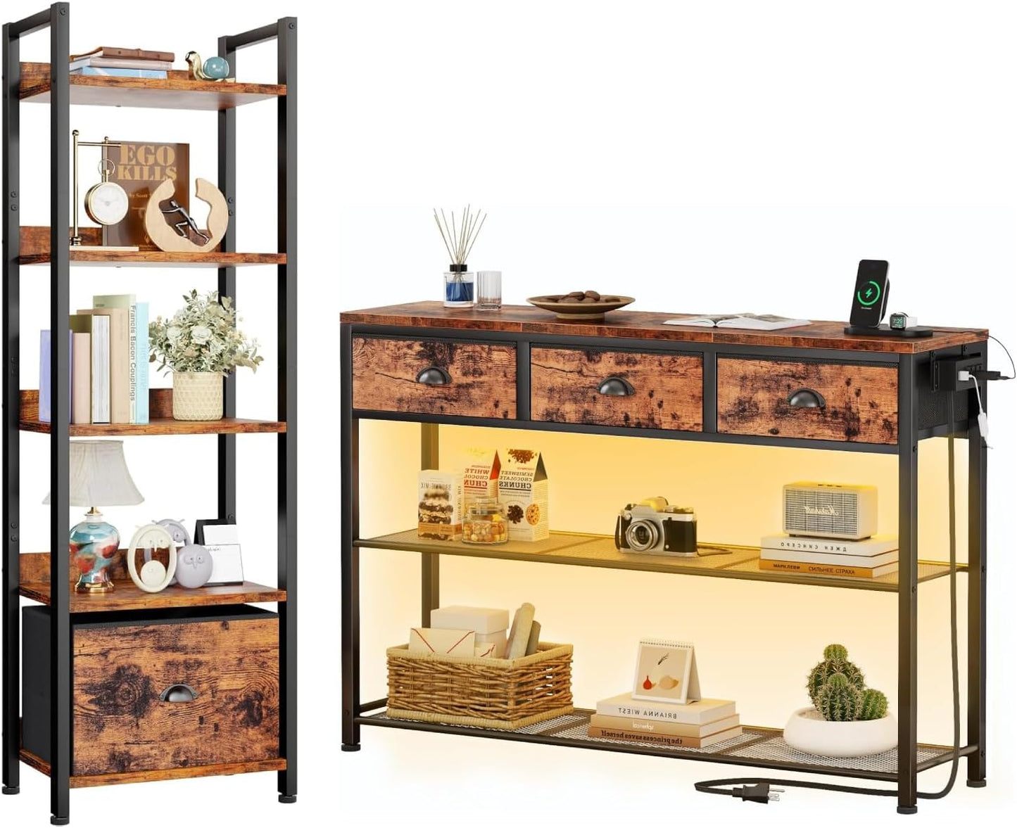 5 Tier Bookshelf with Drawer & Console Table with Charging Station, 3 Drawers and LED Light