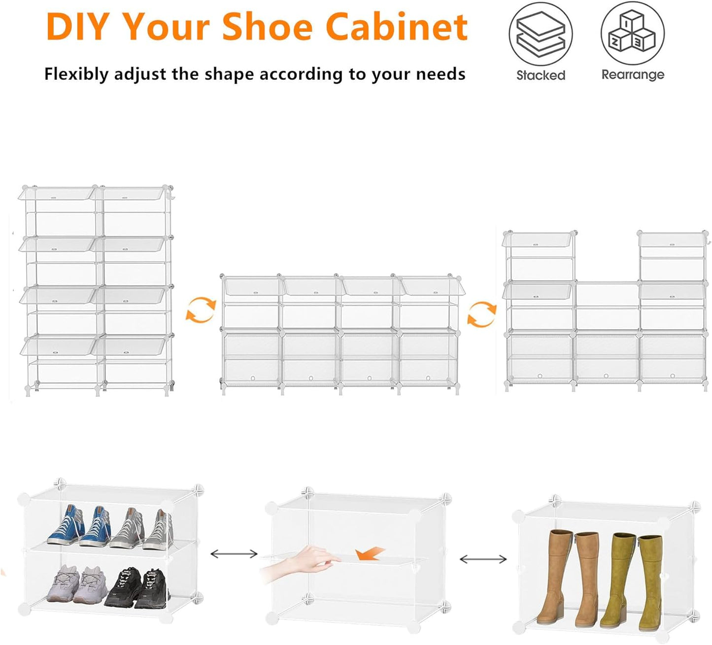 Shoe Rack, 8 Tier Shoe Storage Cabinet with Door, 32 Pair Shoe Organizer Shelves for Closet Hallway Bedroom Entryway, Transparent Twill