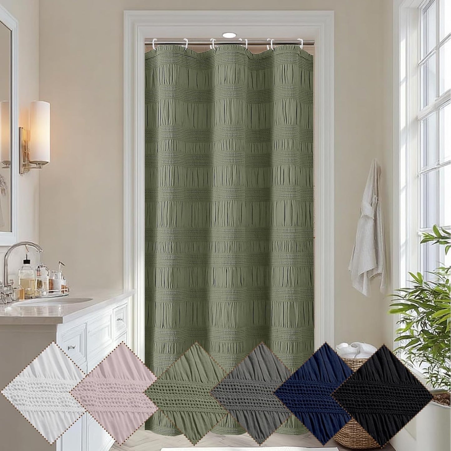 Sage Green Shower Curtain, Farmhouse Rustic Striped Textured Fabirc Stall Shower Curtain for Bathroom Narrow Stall Size, Hotel Style, Machine Washable, Sage Green, 36X72