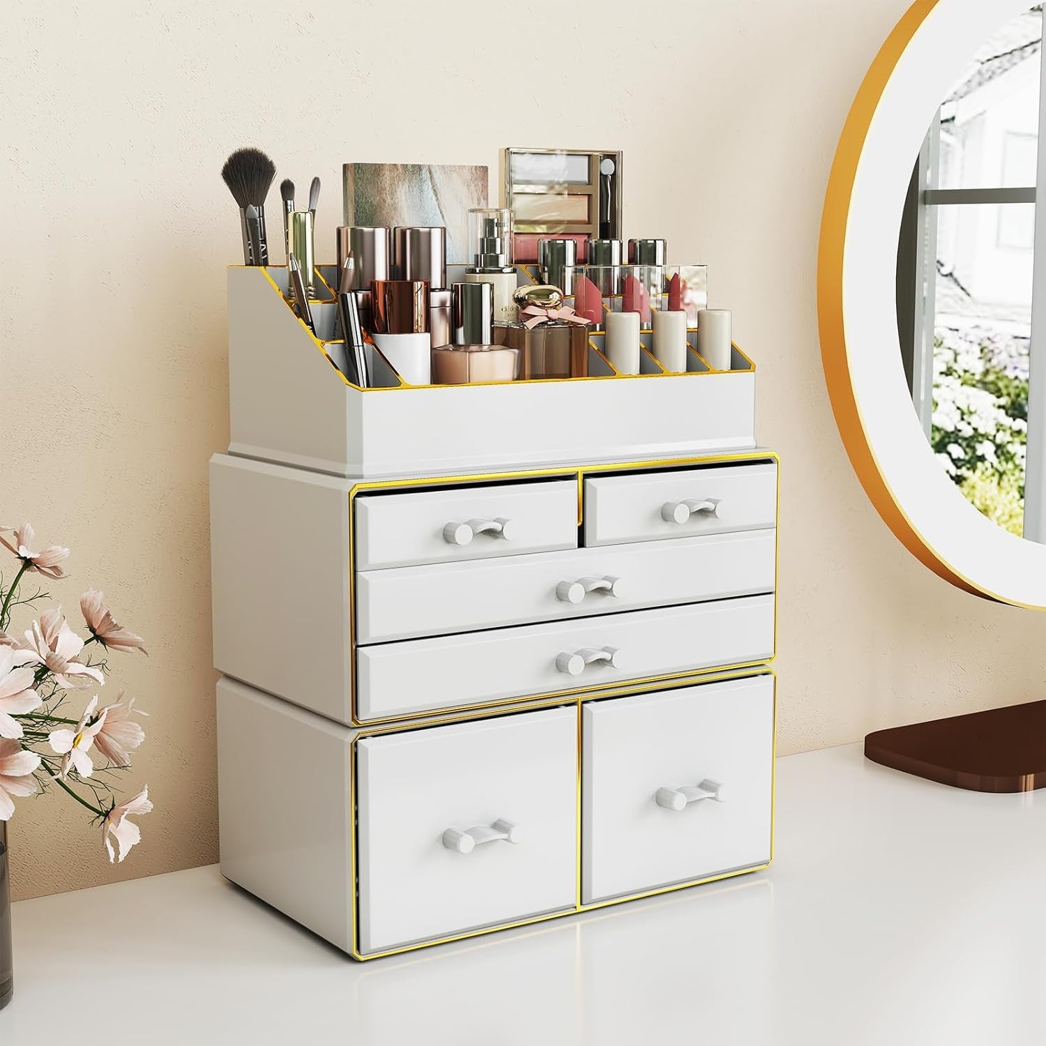 3-Tier 6-Drawer Makeup Organizer Countertop | Cosmetic Organizer for Dresser and Vanity | Bathroom Organizers and Storage for Lipstick Brush Skincare Perfume, Nail Polish(White with Gold Edges)
