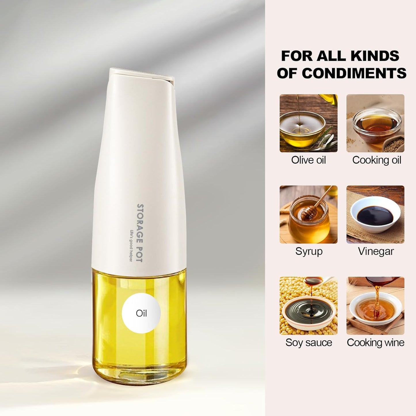 Large Capacity Olive Oil Dispenser - 500ml / 17oz Glass Vinegar Drizzler - Leak-Proof Non-Drip Soy Sauce Pourer with Labels (White)