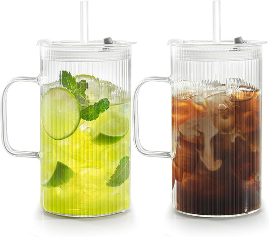 2 Pack 25Oz Glass Cups with Lids and Straws, High Borosilicate Ribbed Drinking Glasses Tumbler with Handle for Iced Coffee, Glassware Mason Jar Smoothie Cup for Long Drinks