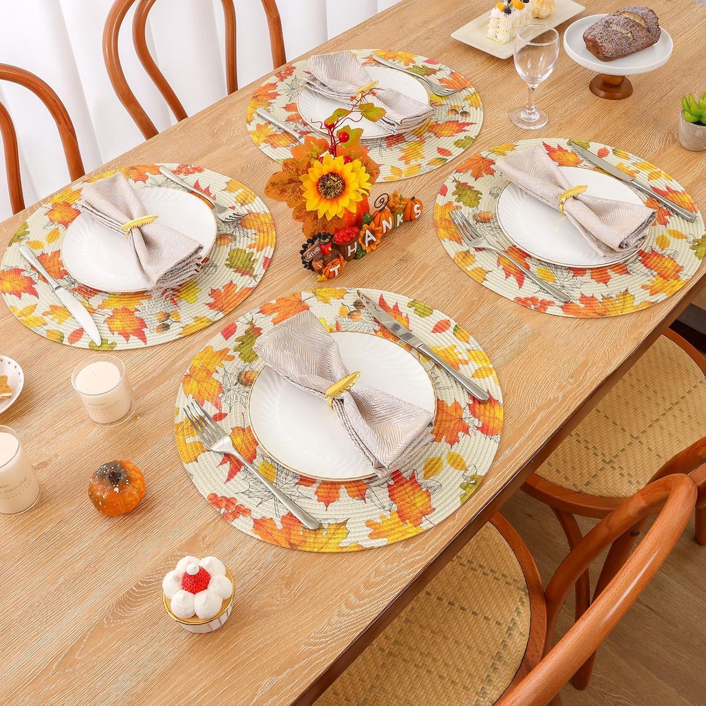 round Fall Placemats Set of 4 Orange Maple Leaves Nuts Acorn Polypropylene Woven Braided Place Mats 15 Inch Seasonal Autumn Thanksgiving round Table Mats Kitchen Dining Table Decoration