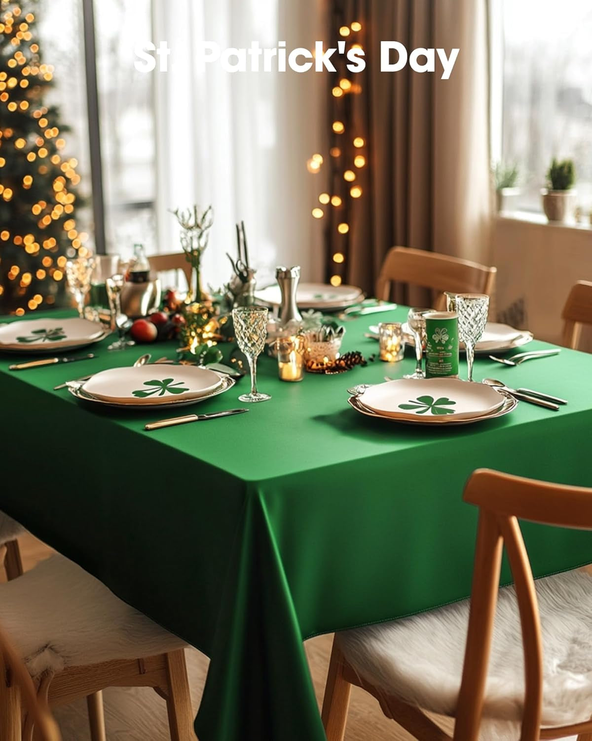 Plastic Table Cloth Disposable 10 Pack, 52 X 70 Inch Table Cloths, St Patricks Day, Christmas Decorations, Tablecloths, Rectangle, Forest, Plastic Cover, Waterproof & Sturdy, Green