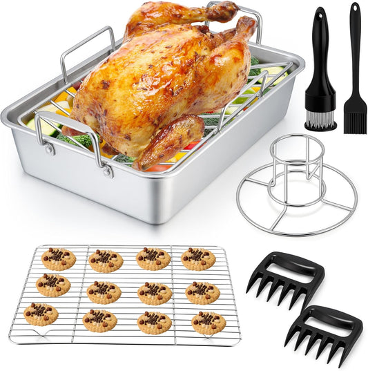 Roasting Pan Set (8 PCS), 14 Inch Stainless Steel Turkey Roaster Pan, Flat & V-Shaped Roasting Racks & Beer Can Chicken Holder, Meat Claws & Tenderizer, Brush, Healthy & Heavy Duty