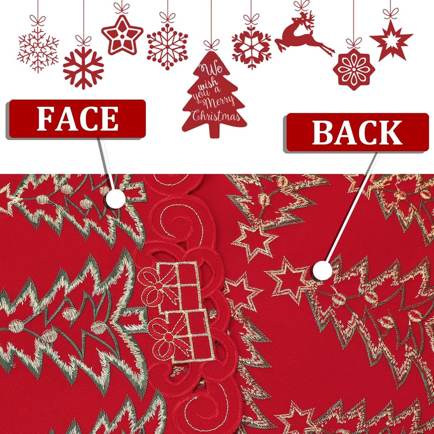 Red Christmas Placemats - 13 X 19 Inch Set of 4, Embroidered Cutwork with Green Christmas Tree and Gifts, Holiday Placemats for Xmas Party Kitchen Decor