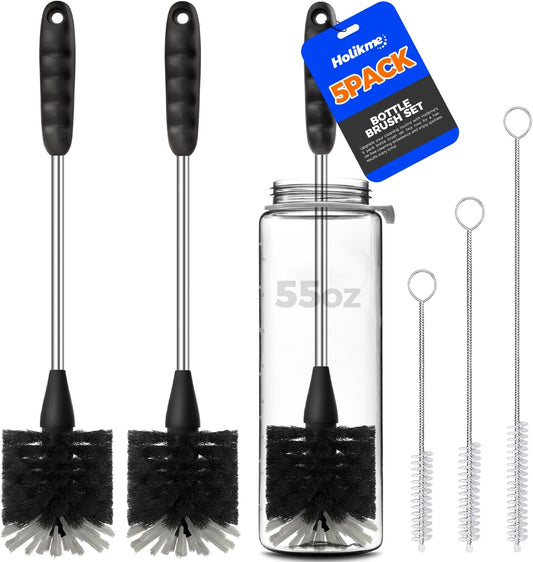 5-Piece Bottle Brush Cleaner Set - 14" Stainless Steel Handle, 3 Straw Brushes, Cleans Water Bottles, Cups, Baby Bottles, Black & Grey