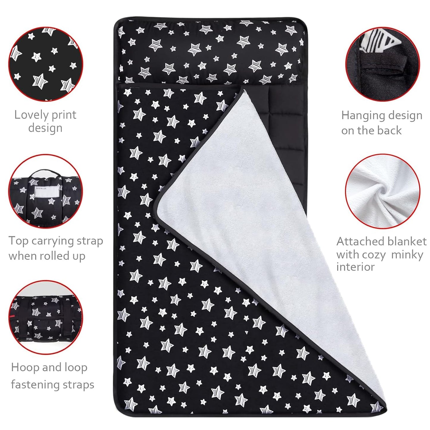 Toddler Sleeping Bag Nap Mat Black with Fleece Blanket, Lightweight, Soft Perfect for Kids Preschool, Daycare, Travel Sleeping Bag Boys Girls, 21" X 50" Fit Standard Cot
