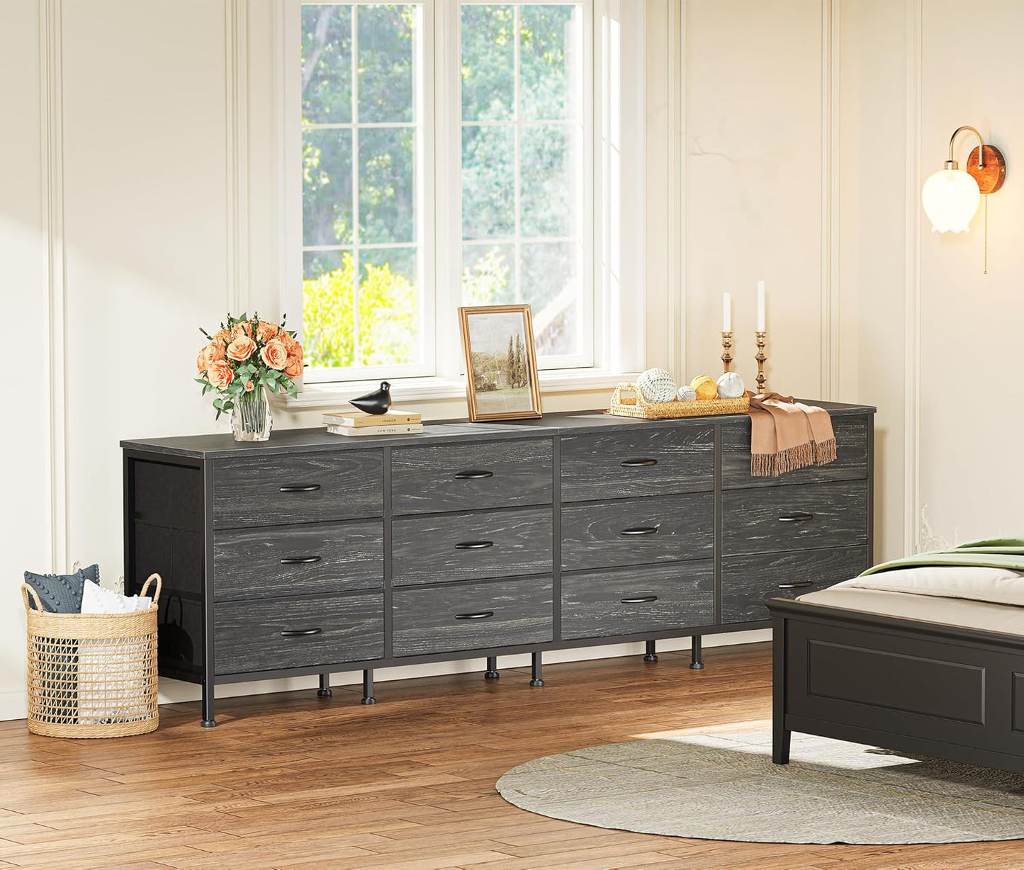 70-Inch Charcoal Black Wood Grain Dresser and TV Stand for 65-80 Inch TVs with 12 Fabric Drawers - Large Storage Organizer Unit for Bedroom