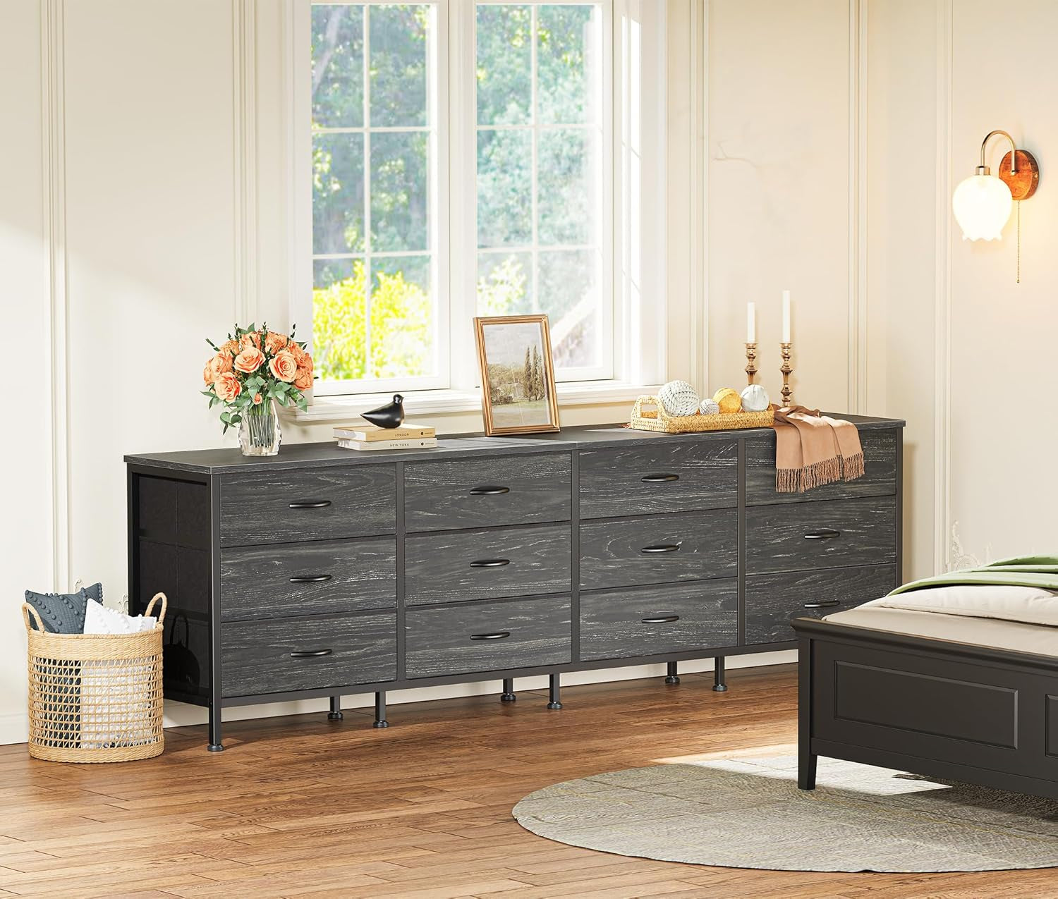 70-Inch Charcoal Black Wood Grain Dresser and TV Stand for 65-80 Inch TVs with 12 Fabric Drawers - Large Storage Organizer Unit for Bedroom