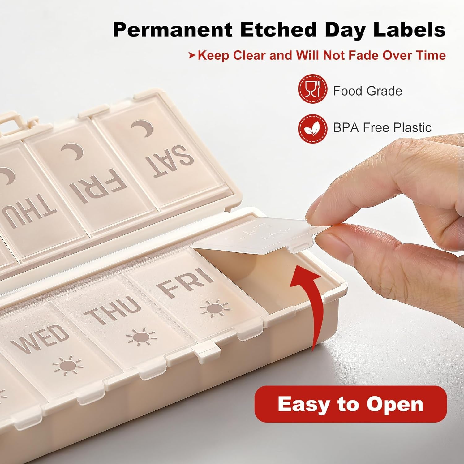 Foldable Pill Organizer 2 Times a Day W/Etched Labels -Dual Protection & Portable Weekly AM PM Pill Box, 7 Day Medicine Container, Large Travel Pill Case for Week Daily Supplement Vitamin - Khaki