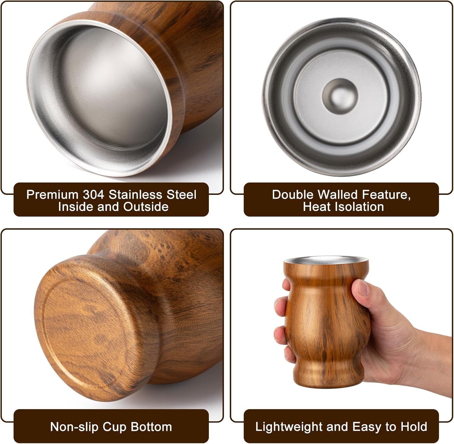 8Oz Yerba Mate Cup, 304 Stainless Steel Double-Wall Mate Cup, Heat Insulation Yerba Mate Gourd, Tea Cup Set Includes Cleaning Brush & 2 Bombillas (Wood)