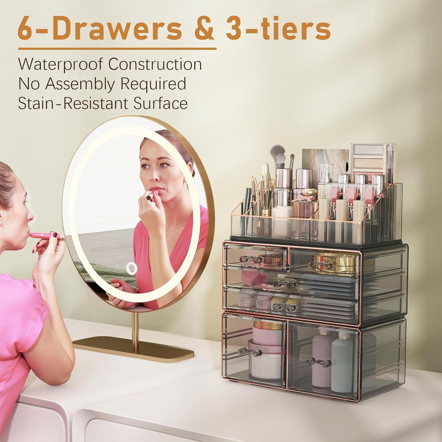 3-Tier 6-Drawer Makeup Organizer Countertop Cosmetic Organizer for Dresser and Vanity | Bathroom Organizers and Storage for Lipstick Brush Skincare Perfume, Nail Polish (Black + Gilded Borders)