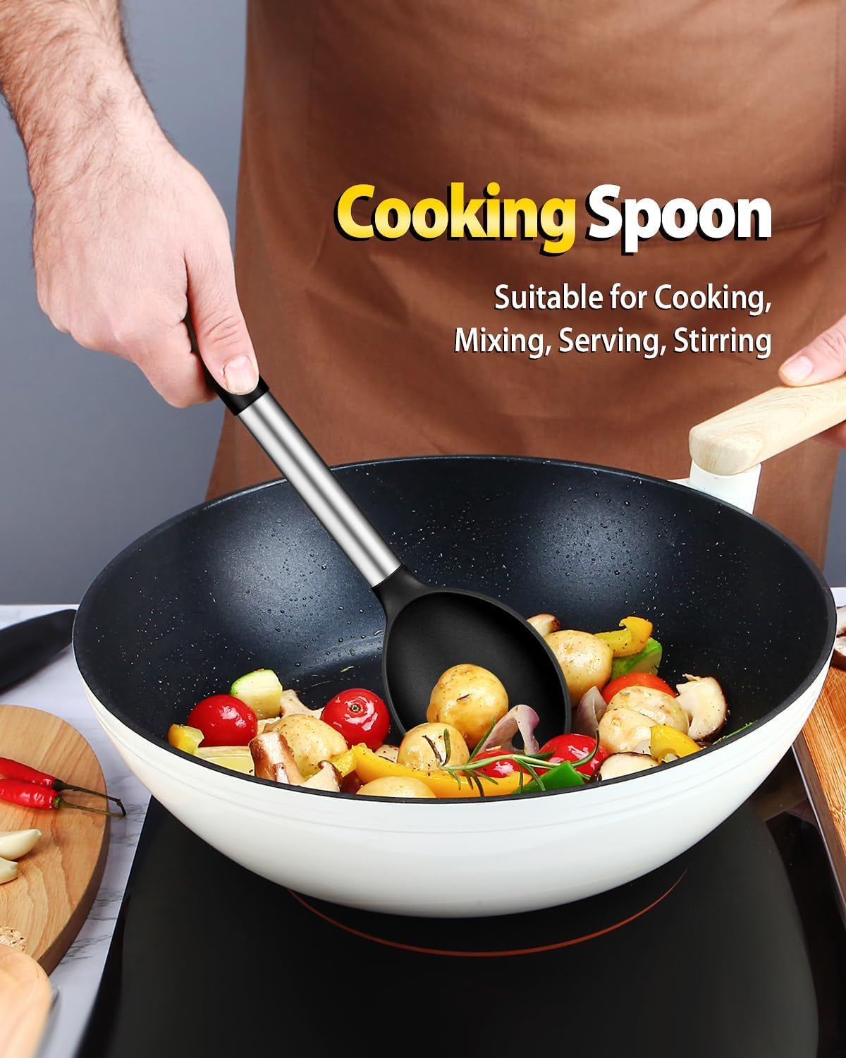 Silicone Pasta Fork and Cooking Spoon Set, Non Stick Kitchen Utensils for Cooking,Stirring,Serving Spaghetti, Soup, Sauce (BLACK)