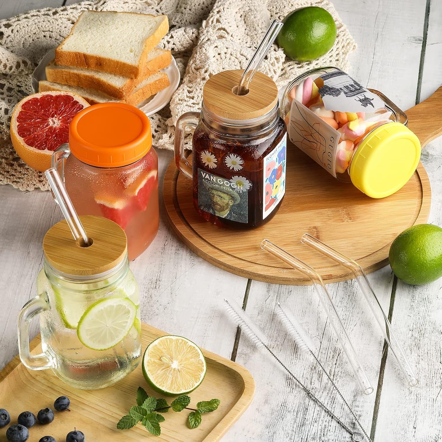 Mason Jars with Handle, Glass Mugs with Straws and Bamboo Lids & Colorful Airtight Lids 4Pcs Set, 16Oz Drinking Glass Cups, Travel Tumbler for Iced Coffee, Smoothie, Overnight Oats Containers