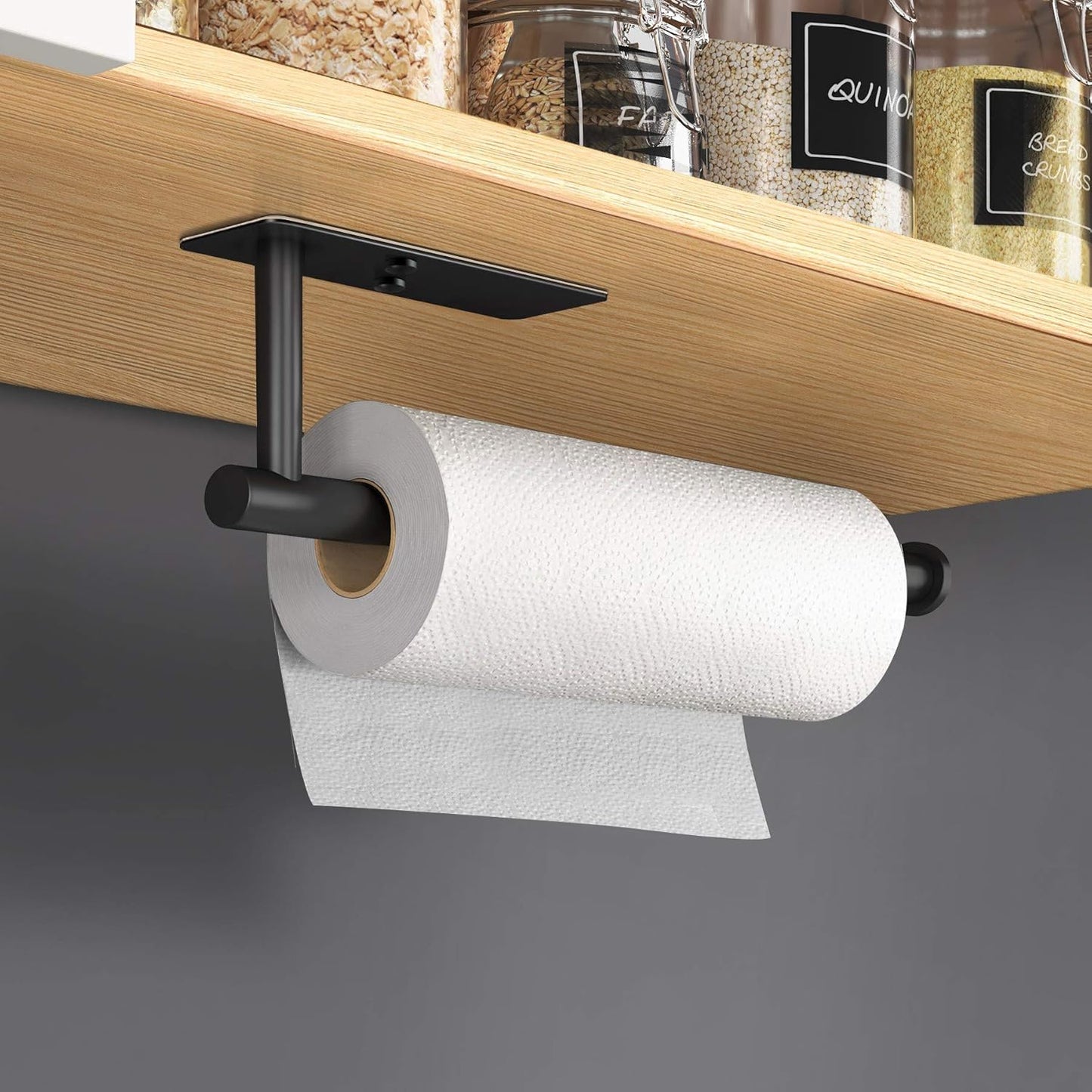Self Adhesive Paper Towel Holder under Cabinet Mount, Wall Mount Paper Towel Roll Rack for Kitchen Cabinet, Bathroom, SUS304 Stainless Steel Black