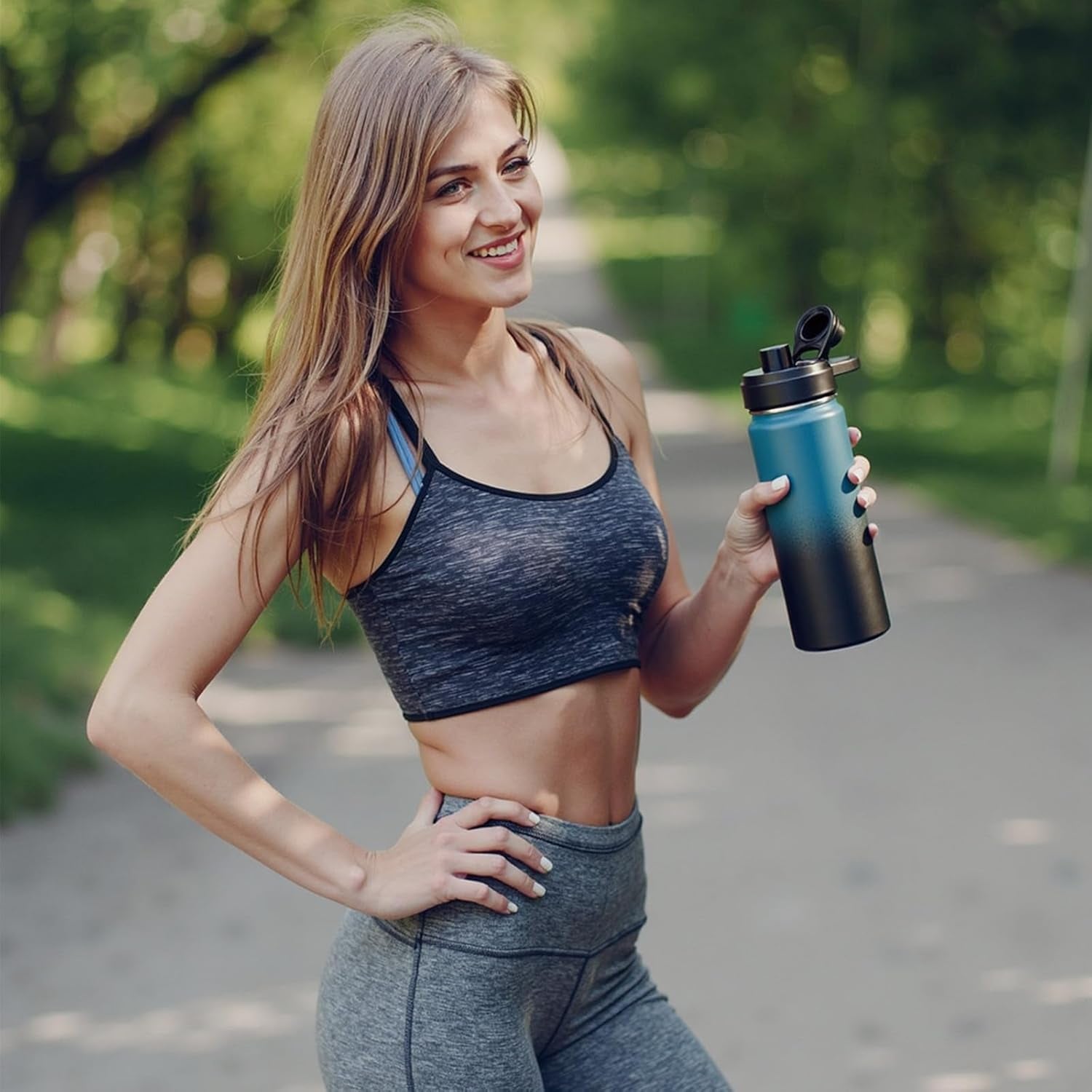 18 Oz Insulated Water Bottle with Handle, 304 Stainless Steel Water Bottles with Wide Mouth, Double Wall Vacuum Sports Water Bottle, BPA Free, Keep Cold and Hot, Blue&Black
