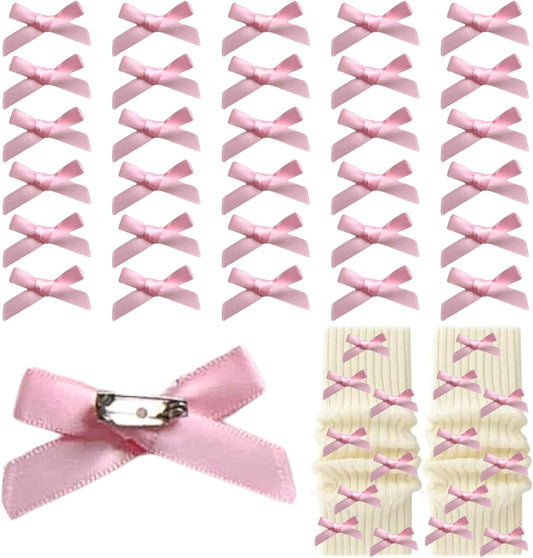 30Pcs Bow Charms for Socks Mini Ribbon Bow Junk Socks Charms Brooch Pins Girly Y2K Decorative Pins for Shoes Shirts Hats Socks Gloves Crafts Coquette Safety Pins Accessories Bulk (Pink)
