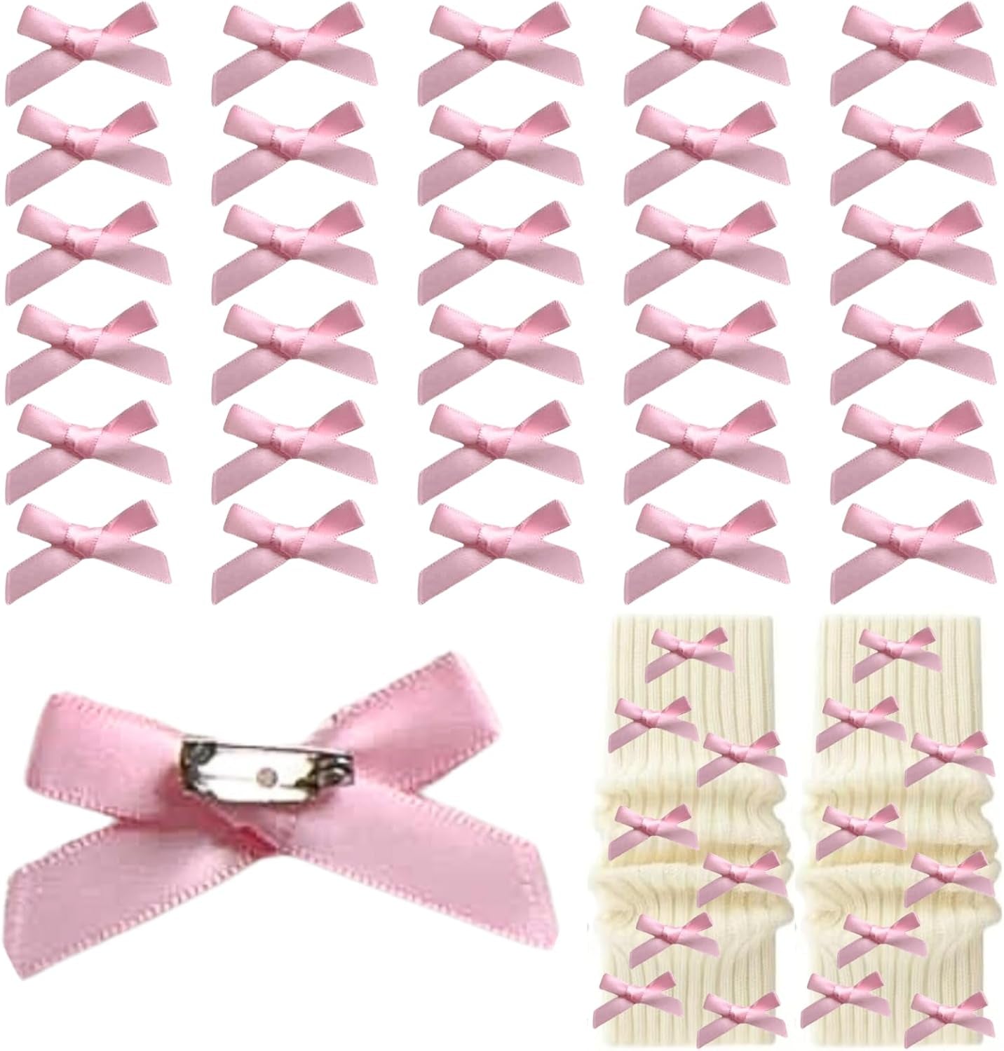 30Pcs Bow Charms for Socks Mini Ribbon Bow Junk Socks Charms Brooch Pins Girly Y2K Decorative Pins for Shoes Shirts Hats Socks Gloves Crafts Coquette Safety Pins Accessories Bulk (Pink)