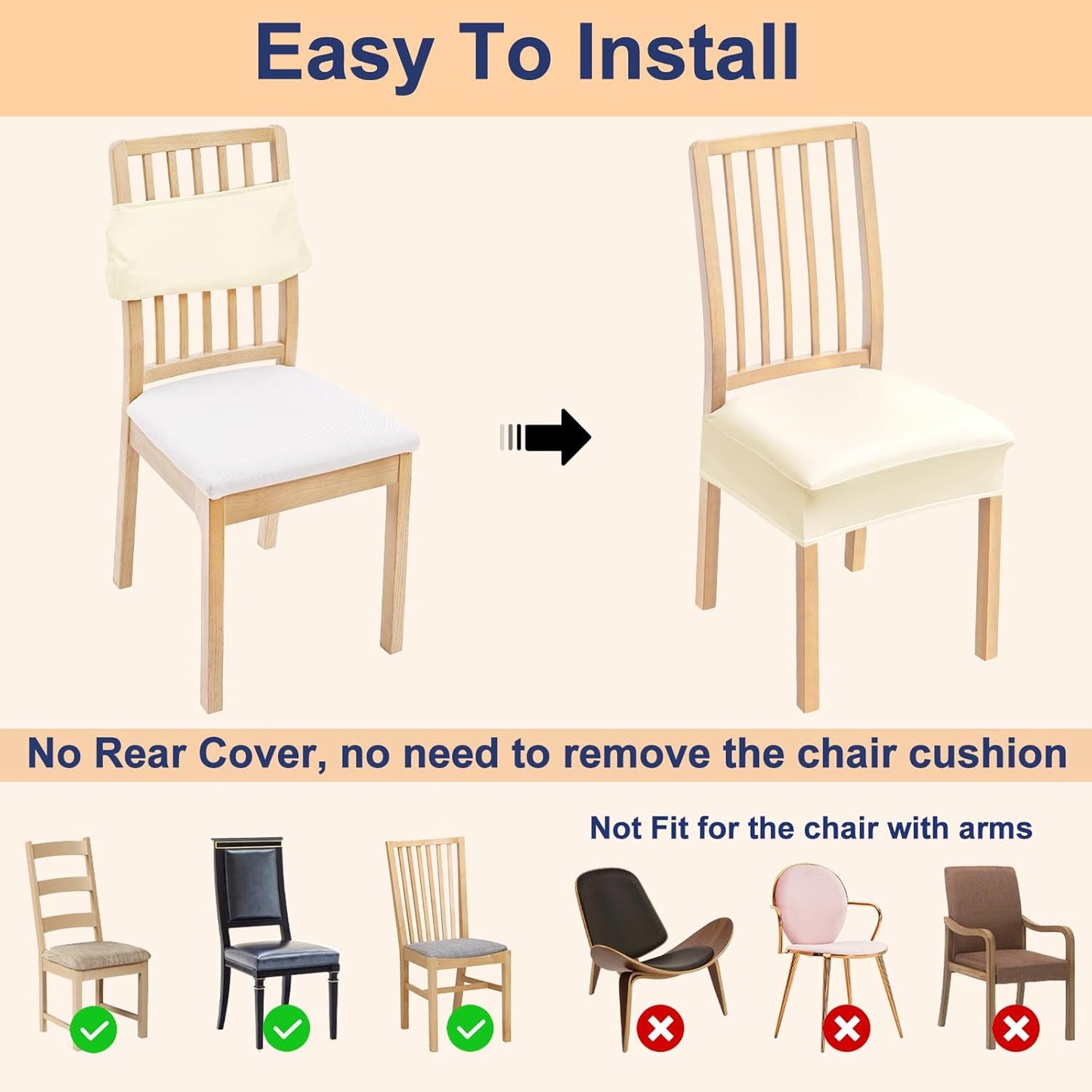 Waterproof Seat Covers for Chairs Set of 2, Stretch Pu Leather Removable Washable Dining Room Chair Seat Slipcovers Protector, No Rear Covers, Beige