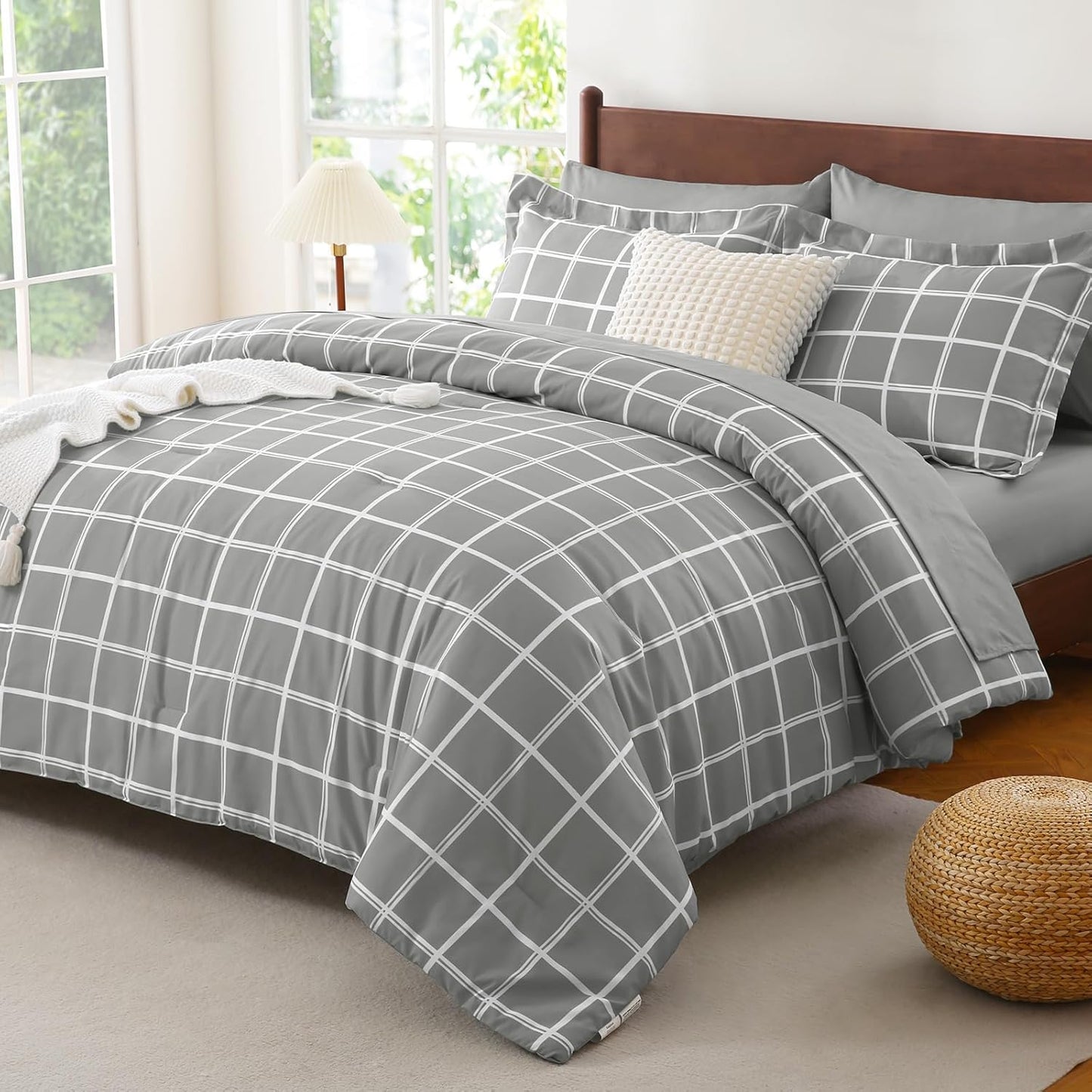 Queen Comforter Set with Sheets - 7 Pieces Plaid Bed in a Bag Set Grey, Soft Queen Bedding Sets Bed Set with All Season Quilted Comforter, Flat Sheet, Fitted Sheet, Pillowcases & Pillow Shams