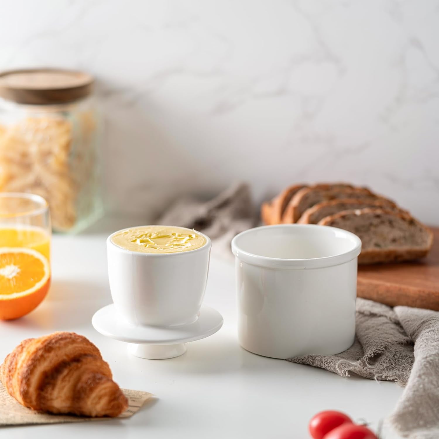 Butter Crock with Water Line for Countertop, French Dish with Lid, Ceramic Keeper for Fresh Spreadable Butter, Container Holder for Kitchen and Home Decor, White