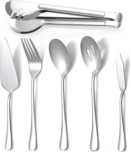 Serving Utensils, Set of 6 Large Serving Spoons Forks Tongs Butter Knife and Pie Server, Thickened Stainless Steel Buffet Catering Flatware Serving Set for Party Banquet