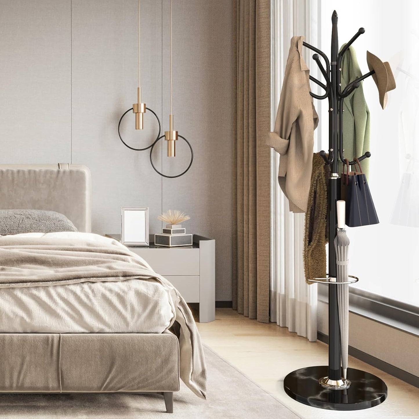 Metal Coat Rack Freestanding, Coat Hanger Stand with Natural Marble Base, Standing Coat Rack with Umbrella Holder, Hall Tree with 12 Hooks for Clothes, Hats, Scarves, Entryway(Black)