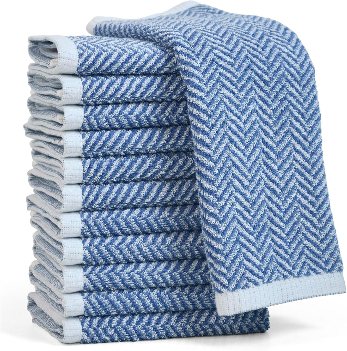 Wash Cloths for Your Face and Body, 12 Washcloths for Showering with Decorative Herringbone Stripes, 100% Cotton, Light Blue, 13 X 13 Inches