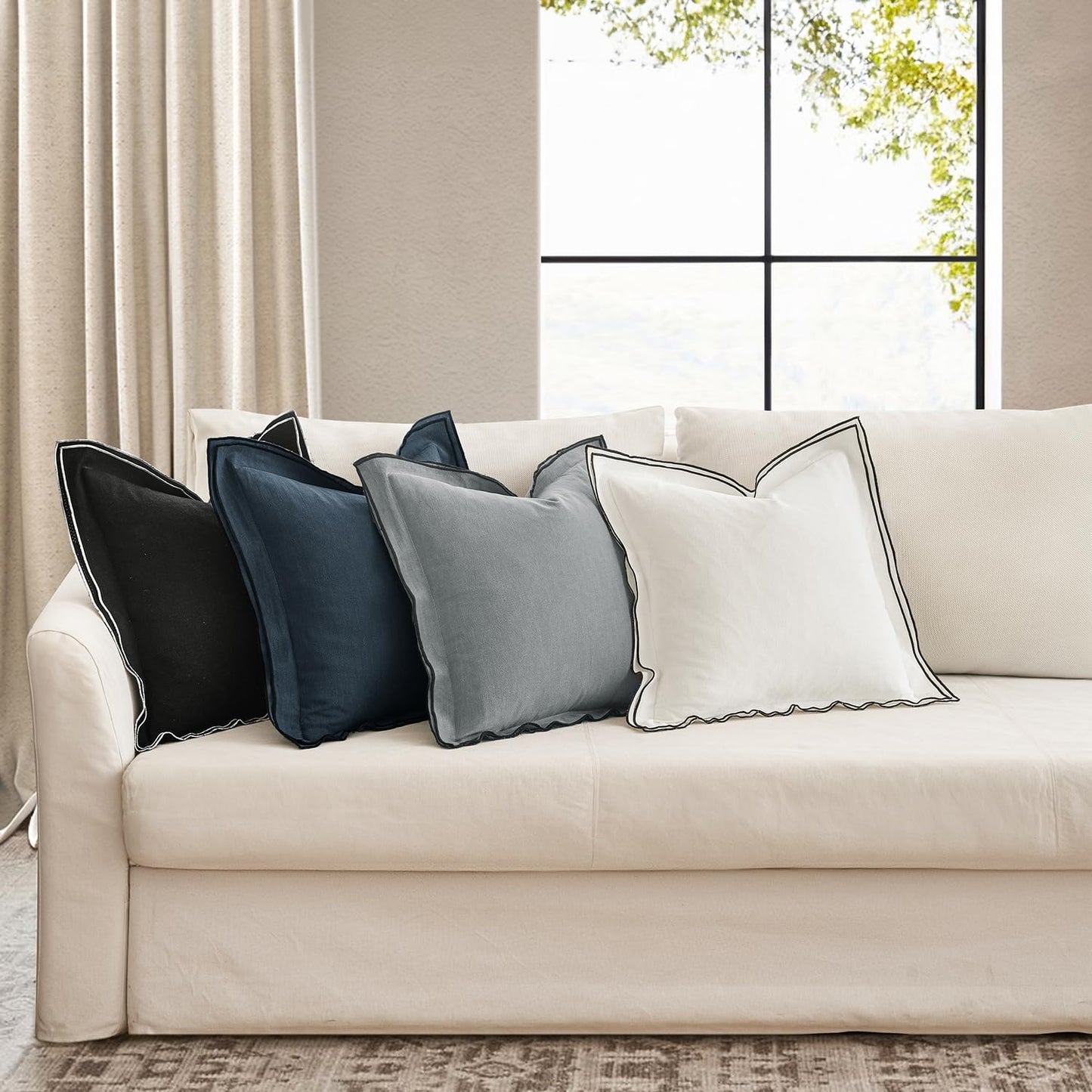 Linen Throw Pillow Covers, 2 Piece 18X18 Inch Cream White, Boho Euro Pillowcases for Bed to Infuse Elegance, Ideal for Sofa Couch Cushion in Home Decor Upgrade