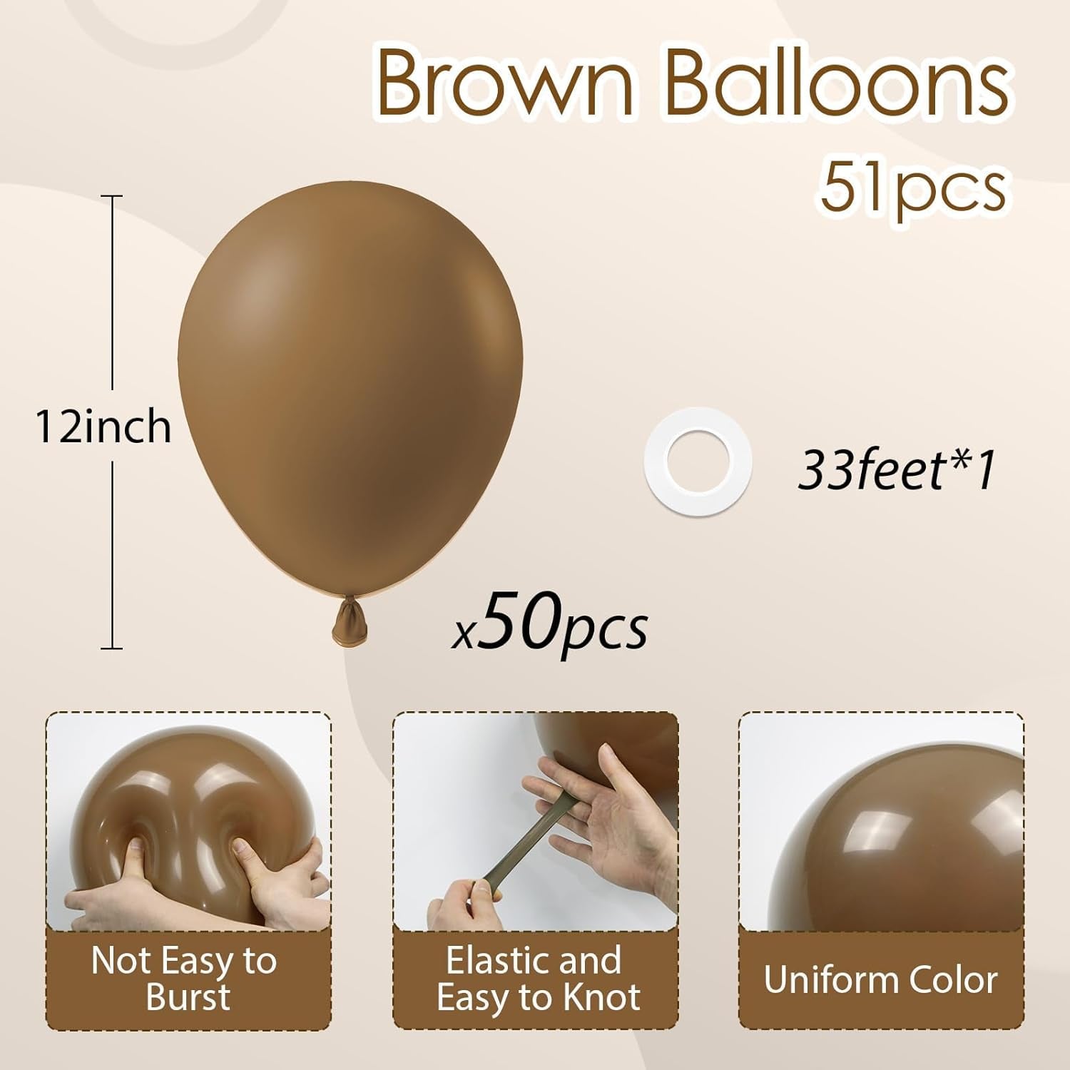 Brown Balloons 12 Inch, Brown Latex Balloons 50Pcs Party Balloons for Birthday Baby Shower Wedding Thanksgiving Anniversary Party Decorations